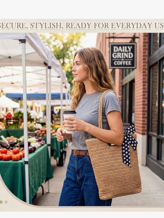 Woven Straw Tote Bag with Polka Dot Scarf - Natural - Picture 2 of 6